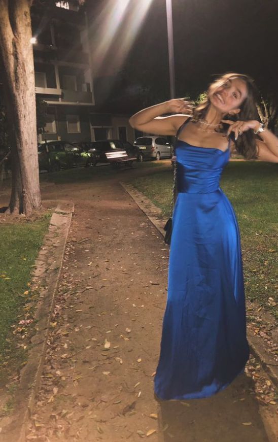 Robe de bal longue bleu roi en satin, coupe trapèze, bretelles spaghetti, style modeste, pour adolescentes - Tenue de soirée - Robe de bal AC021