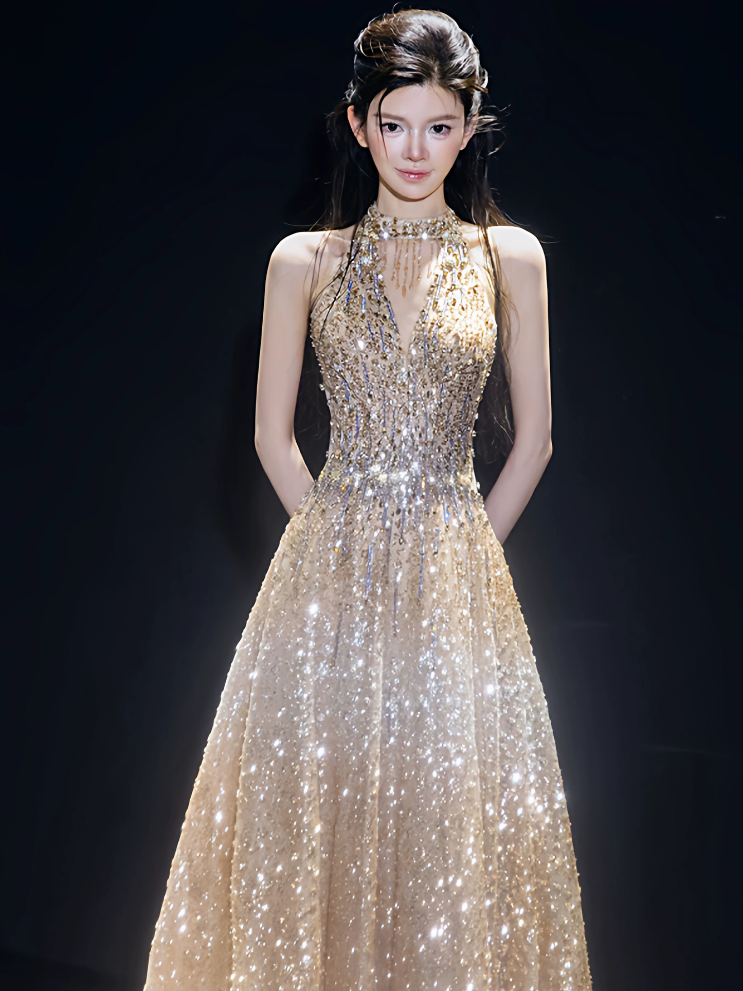 Princess A line Halter Gold Sequins Long Prom Dress Fashion Aesthetic For Teens Formal Dresses Party Outfits Prom Gown AB2218