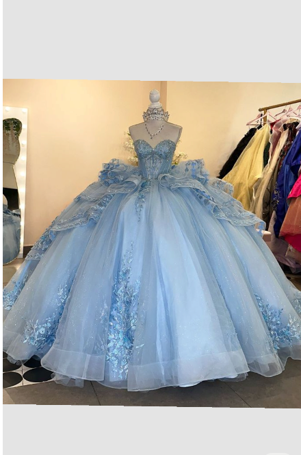 Robe de bal unique en tulle bleu à décolleté cœur et plusieurs volants, longue, idéale pour un bal de promo, une quinceañera ou un anniversaire de 15 ou 16 ans (AB1237).