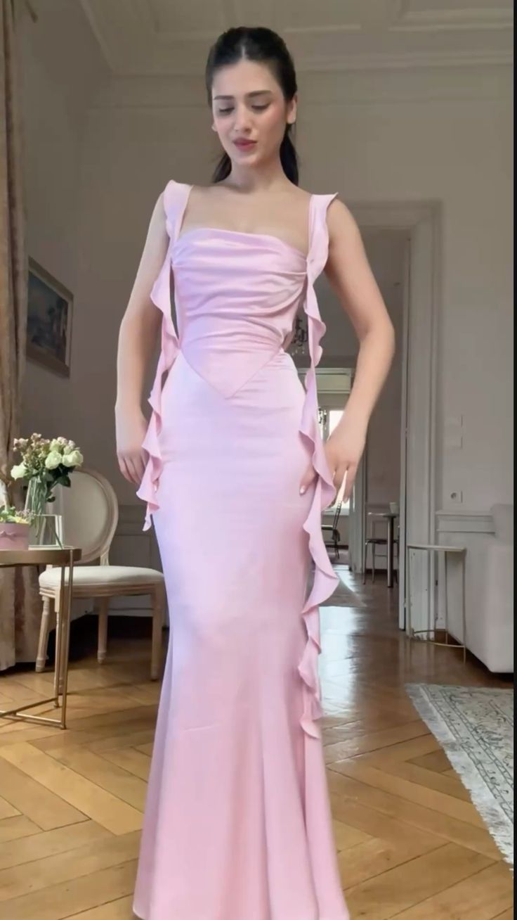 Robe de bal longue en satin rose satiné, col carré, style sirène simple, N359