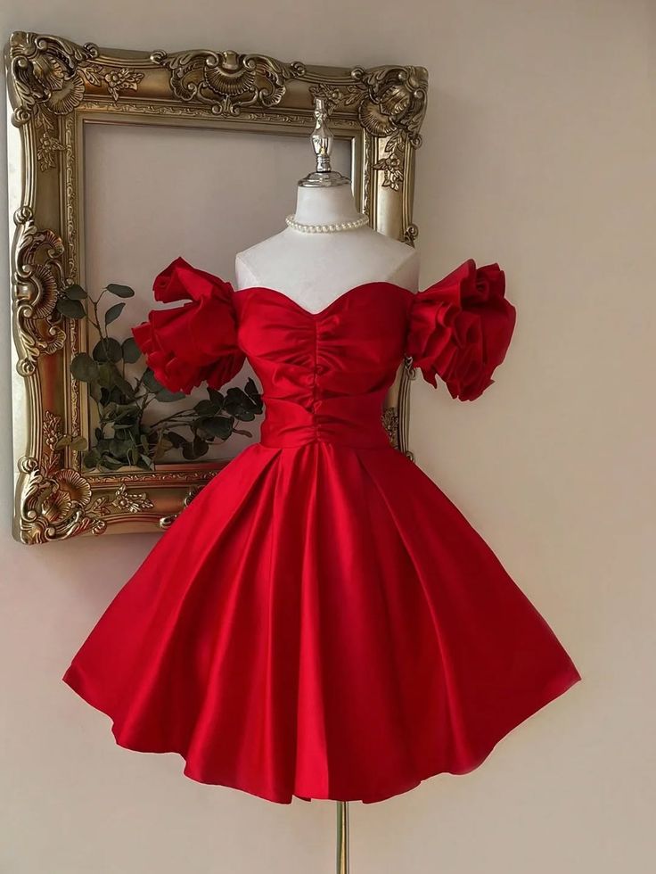 Simple Ball Gown Red Off The Shoulder Satin Short Homecoming Dresses Party Cocktail Hoco Outfits RB8754