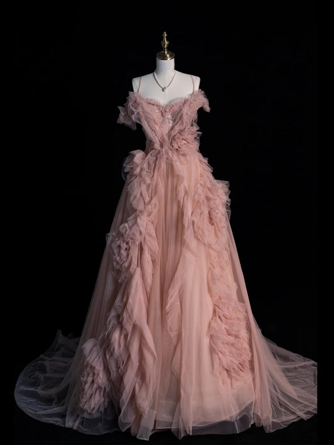 Robe de bal modeste à bretelles spaghetti en tulle rose, longue robe de soirée formelle, robe de bal de fin d'année N750