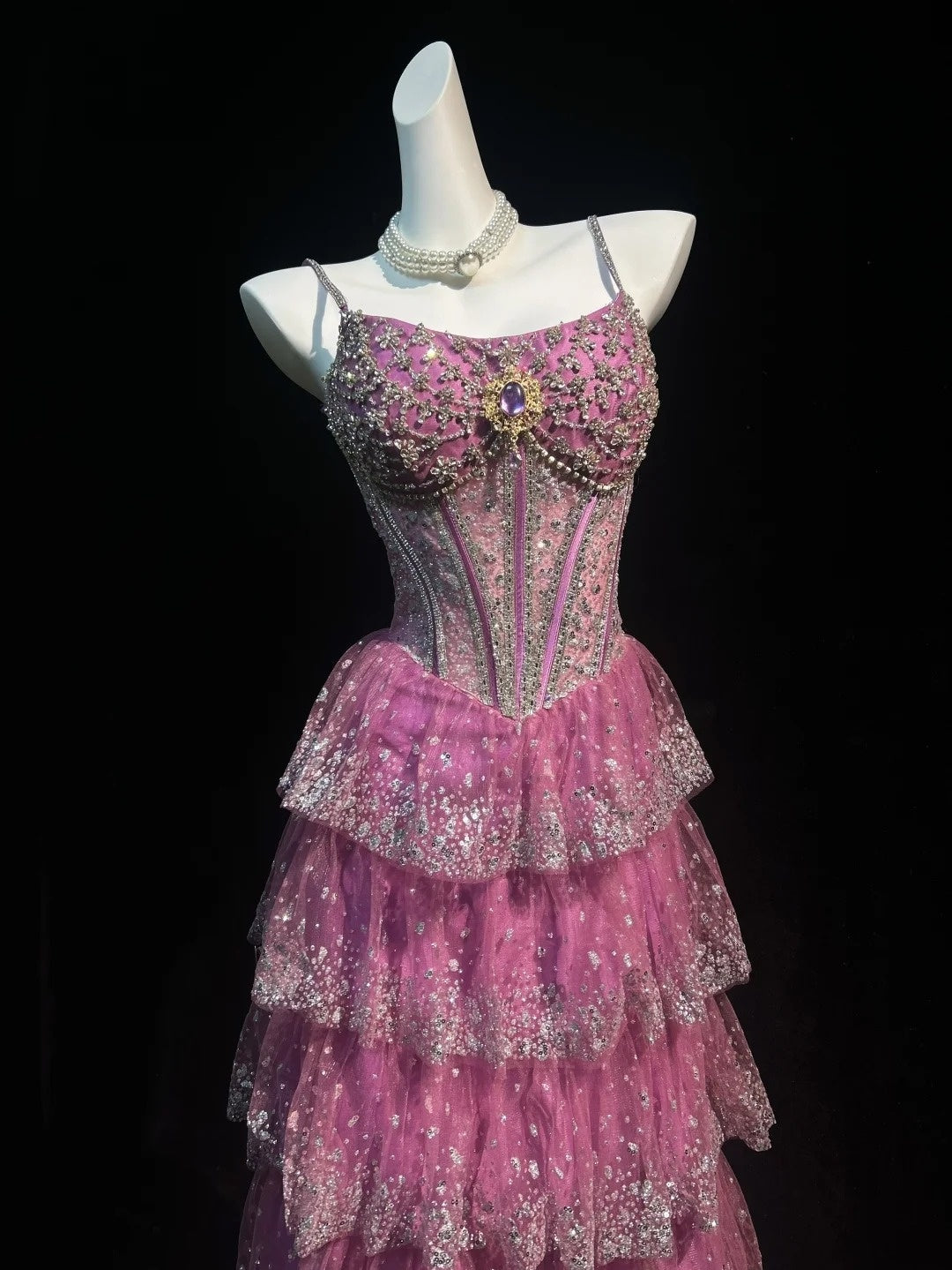 Vintage Prom-Kleider A-Linie Spaghettiträger Rosa Spitze 80er Jahre Mit Stufenrock Lange Formelle Abendkleider N4207