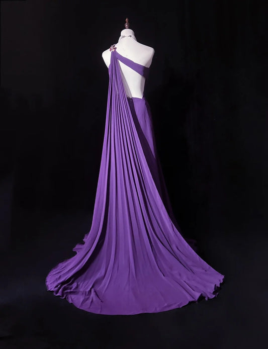 Vintage Abschlussballkleider A-Linie One Shoulder Lila Chiffon 80er Jahre mit Perlen Lang Formelle Abendgarderobe N3889