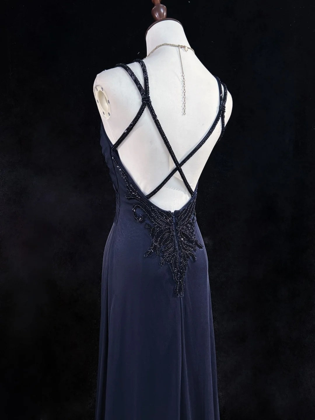 Vintage Prom Dresses 1980s A Line Spaghetti Strap Satin Navy Blue Long With Beading Evening Outfits N3133