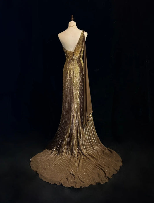 Vintage Meerjungfrau 2000er One Shoulder Gold Pailletten Abendkleid Lang Glitzernde Ballkleider N2574