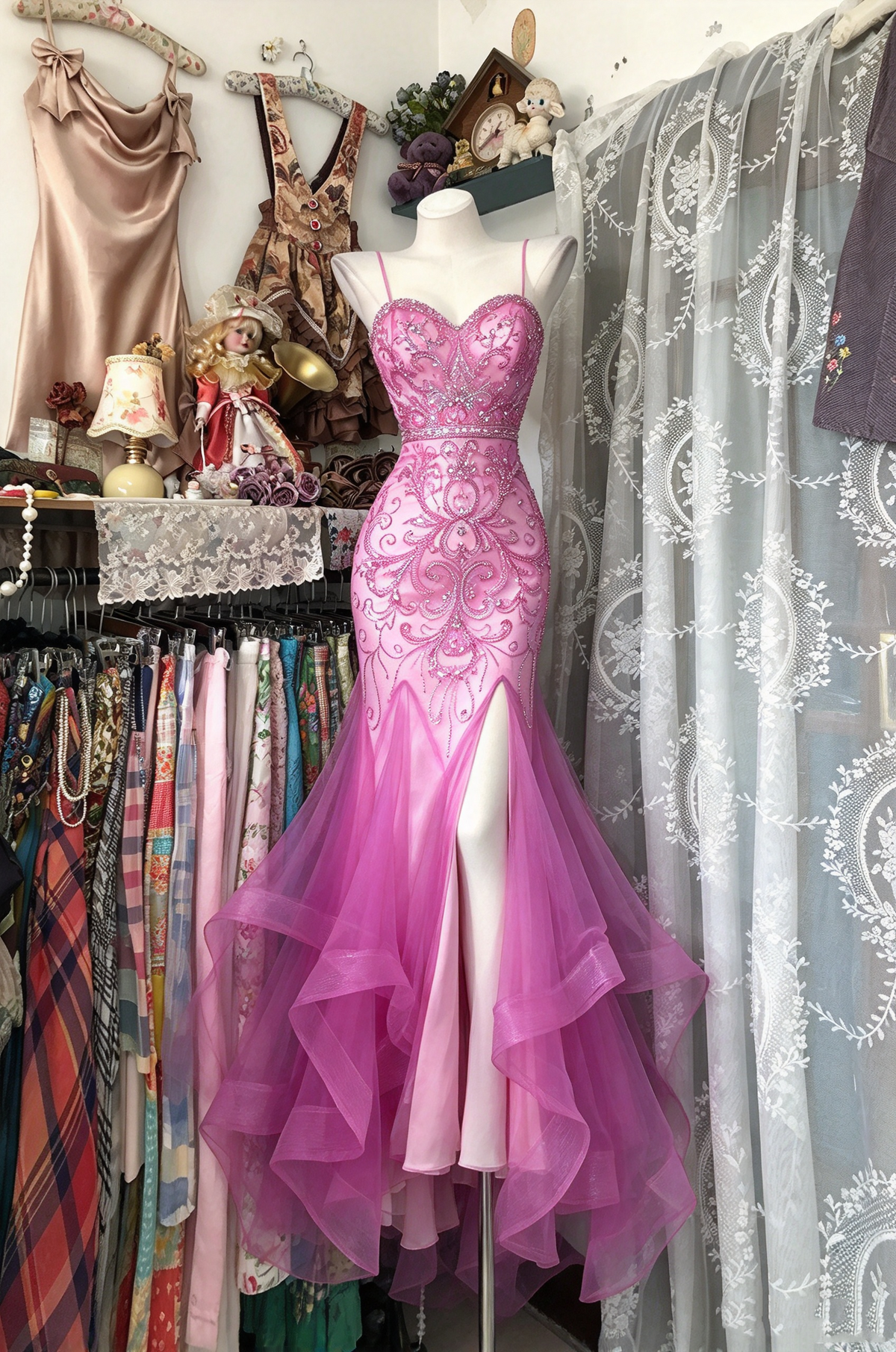 Shiny Mermaid Spaghetti Straps Pink Tulle Sleeveless Slit Long Prom Dresses Inspo Party Gown RC1242