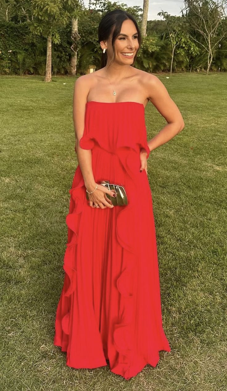 Einfaches, trägerloses, ärmelloses, langes Chiffon-Abendkleid in A-Linie, rotes Ballkleid für Hochzeitsgäste, elegantes Abendkleid AB230