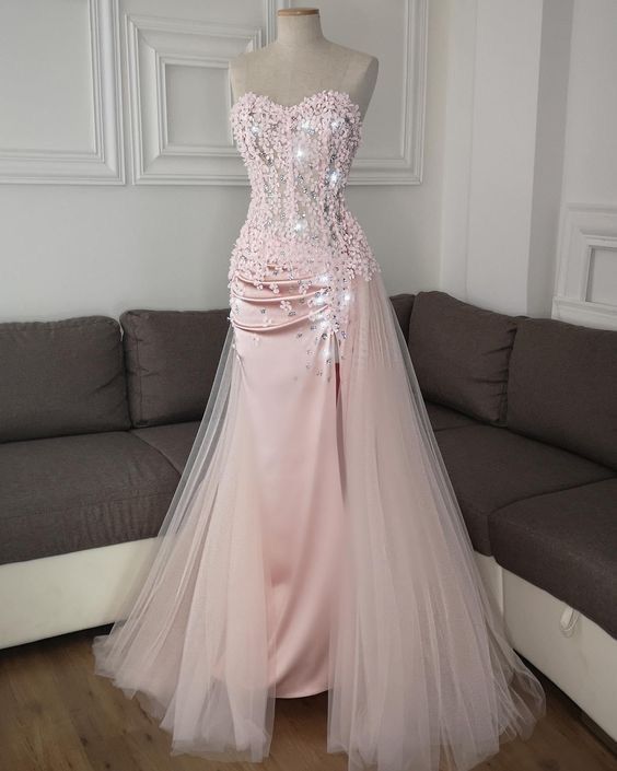 Robe de bal sirène chic rose poudré fendue, inspiration pour adolescentes, tenue de soirée élégante, robe de bal AB020