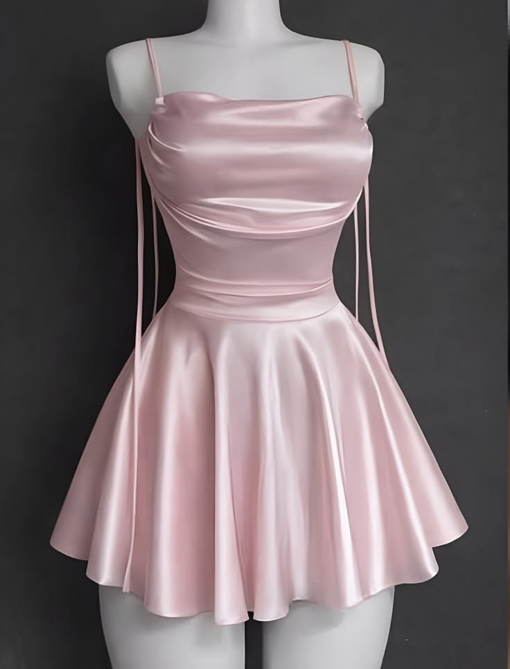 Glam A line Spaghetti Straps Pink Satin Short Mini Homecoming Dresses Evening Outfits Inspiration RB9265