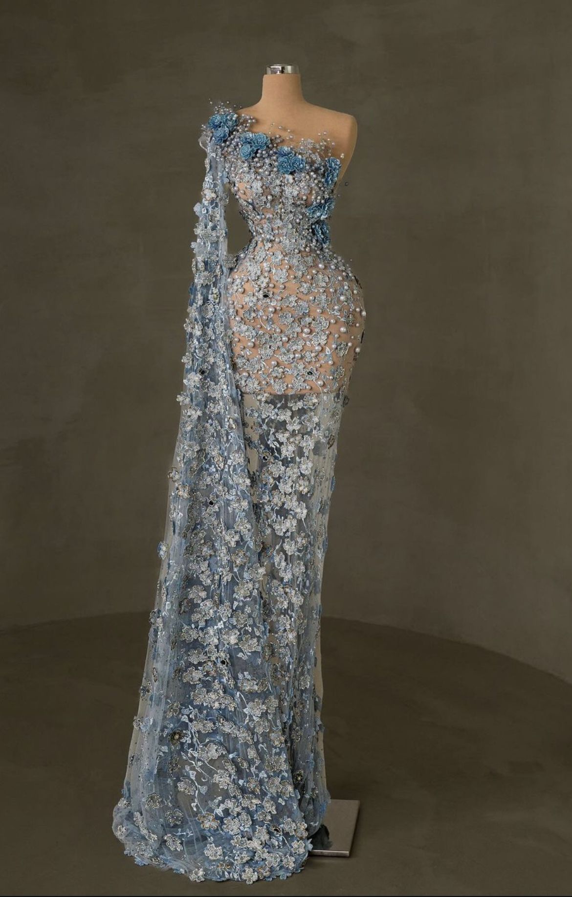 Robe longue sexy et scintillante, asymétrique, sans manches, avec des fleurs bleues, robes de bal sirène moulantes pour femmes N4066