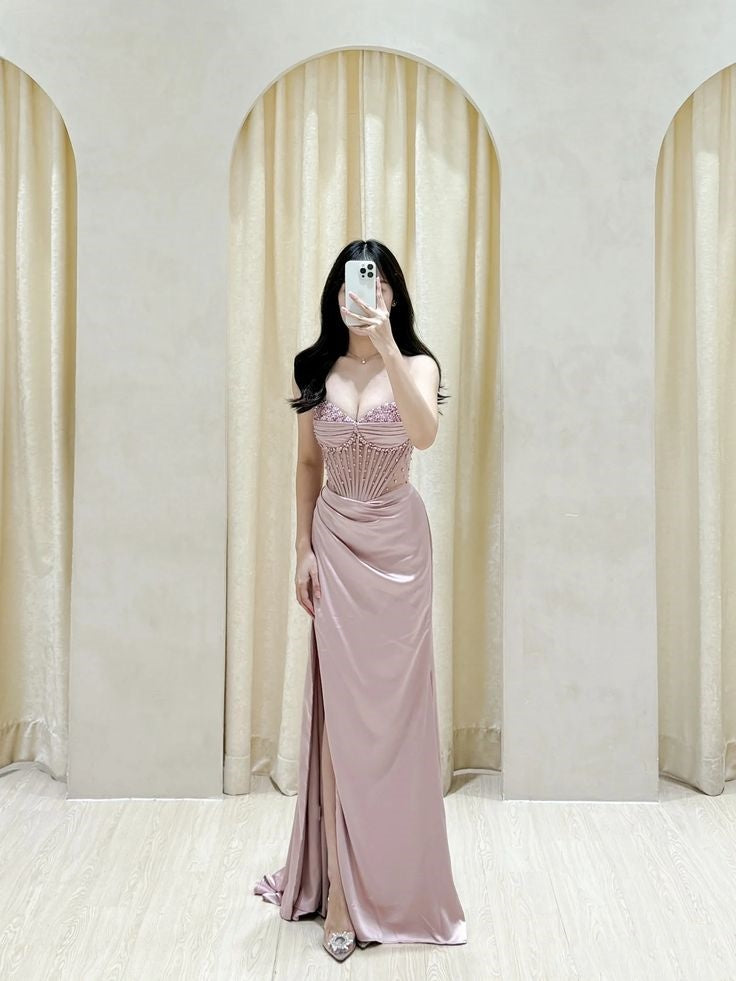 Robe de soirée sirène rose fuchsia fendue, coupe sirène, idéale pour les grandes occasions (AB2102)