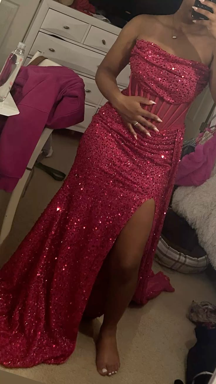 Modest Prom Dresses Mermaid Strapless Pink Sequin With Slit Floor Length Long Formal Dress RC1322