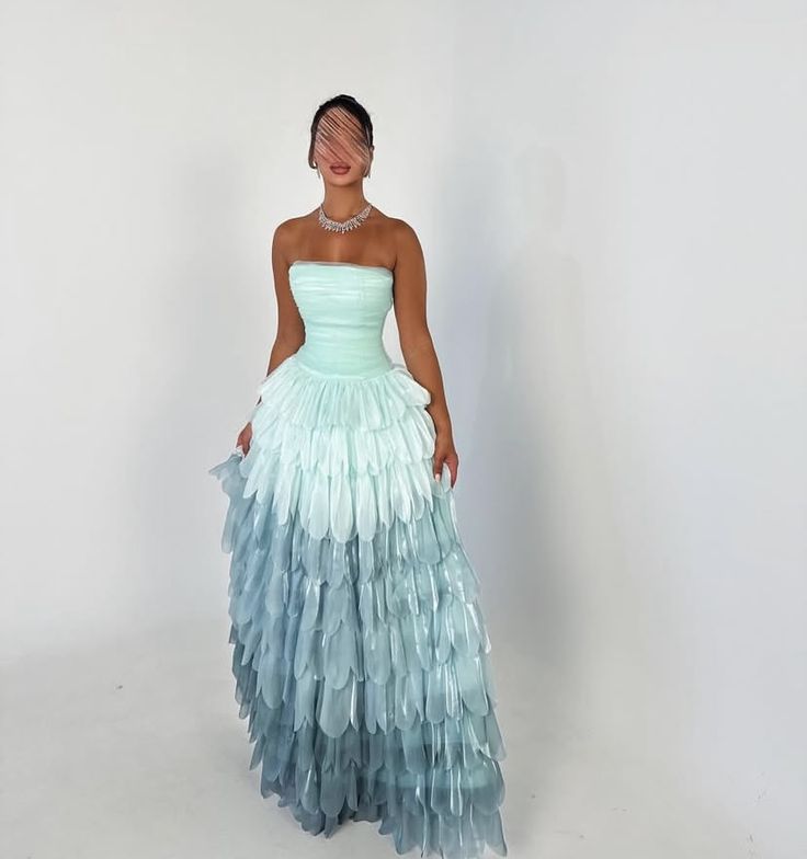 Sexy Ballkleid, trägerlos, blau, mehrlagig, langes Abendkleid, formelles Partykleid AB410