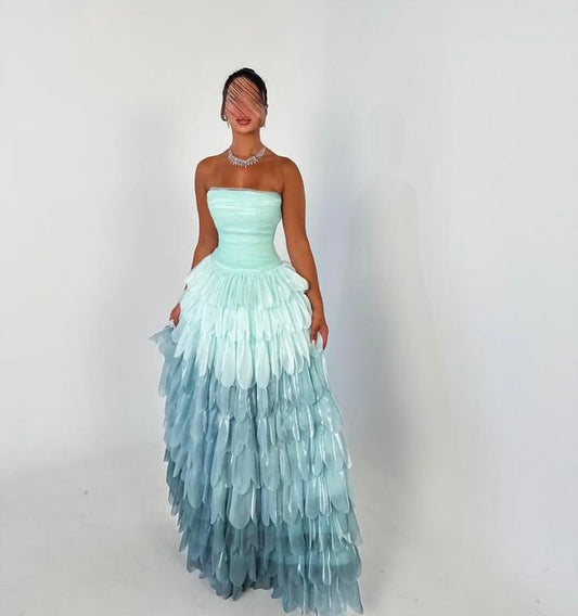Sexy Ballkleid, trägerlos, blau, mehrlagig, langes Abendkleid, formelles Partykleid AB410