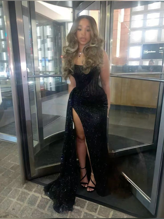 Sexy Mermaid Strapless Sequins Slit Side Black Long Prom Dresses Party Outfits Prom Gown AB126