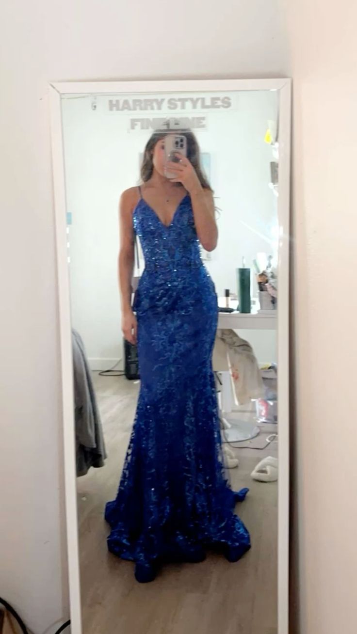Robe de bal longue sans manches à fines bretelles spaghetti bleu roi et sequins, coupe sirène, AB633