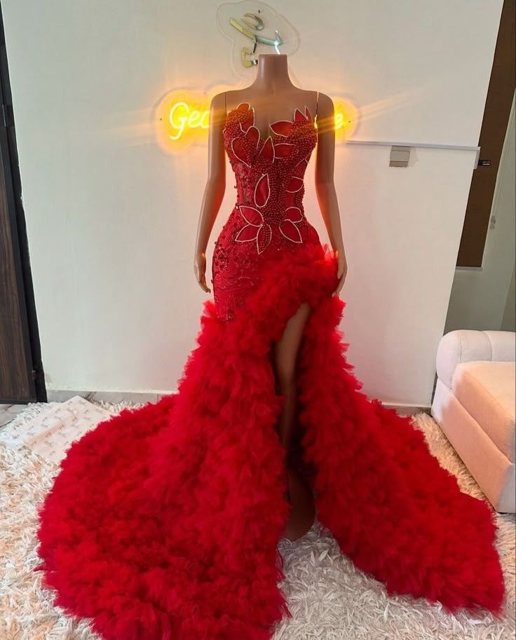 Glitzerndes, langes, rotes Paillettenkleid mit Perlen im Meerjungfrauen-Stil – Inspiration für formelle Abendgarderobe AB793