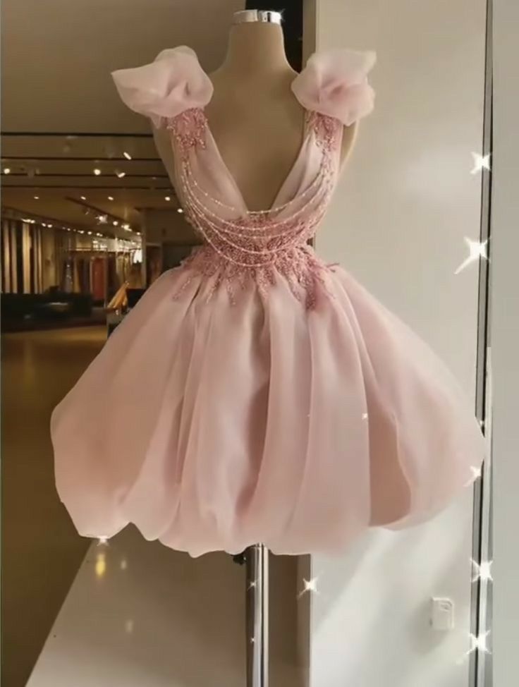 Robe de soirée fantaisie col en V rose clair mini courte robe de fête d'anniversaire idées de robes de bal RB4098