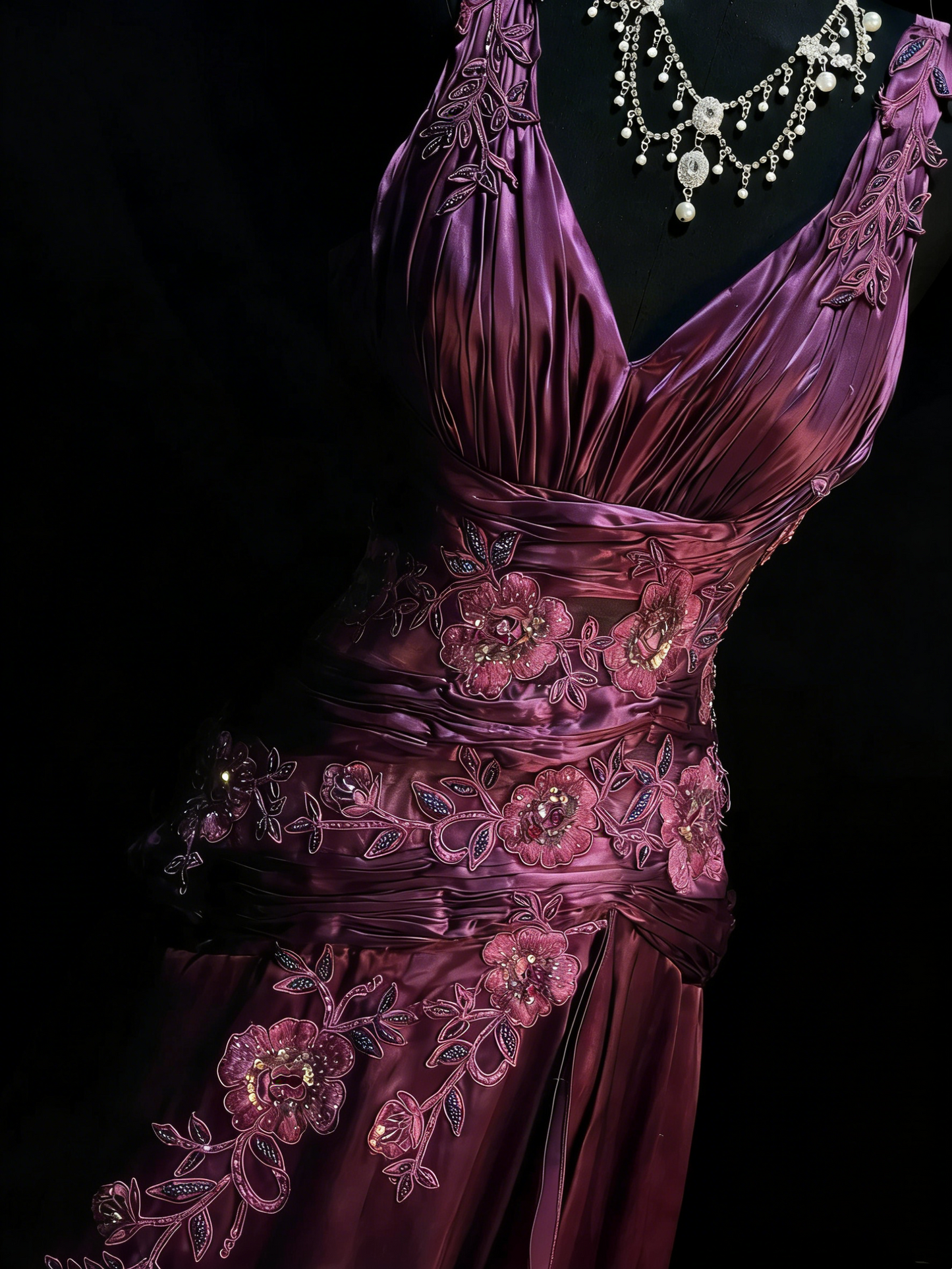 Robe de bal longue vintage en satin raisin, coupe trapèze, col en V, ornée de perles et de dentelle, longueur au sol, référence N1202