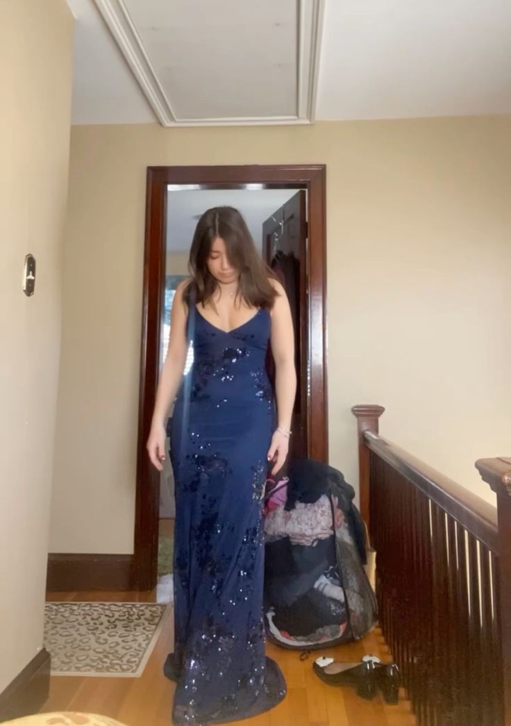 Elegant Mermaid Spaghetti Straps Sleeveless Navy Blue With Lace Long Sequins Prom Dresses Vestidos De Dia AB560