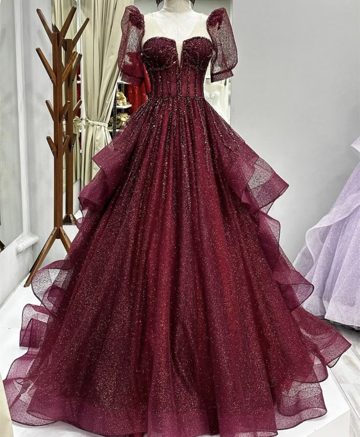 Ballkleid, Abiballkleid, Damen, trägerlos, burgunderrot, Tüll, lang, formell, Tanz, Abendkleid, AB1740