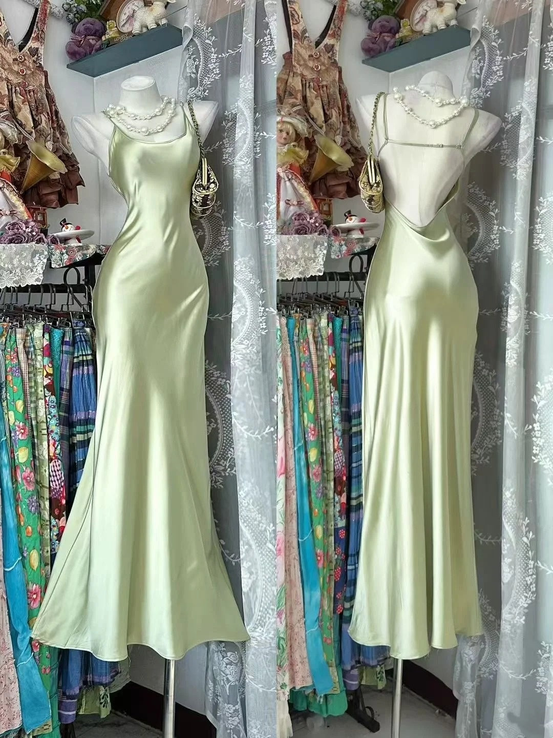 Robe de soirée longue en satin vert sauge à fines bretelles, style sirène, idéale pour un bal de promo ou un mariage (N905)