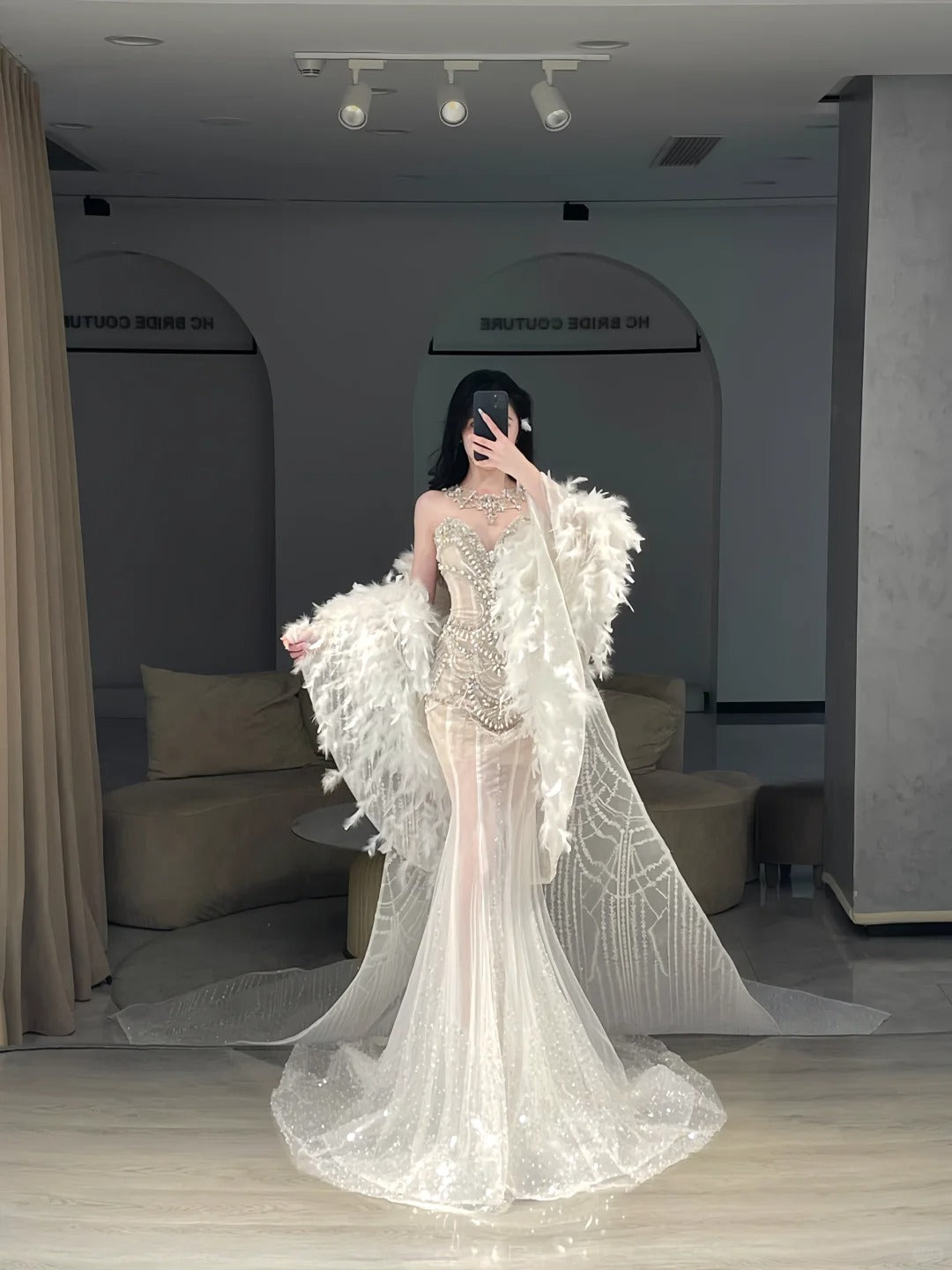 Prinzessin Brautkleider Meerjungfrau-Ausschnitt mit Silberperlenstickerei Langes Hochzeitskleid N3083