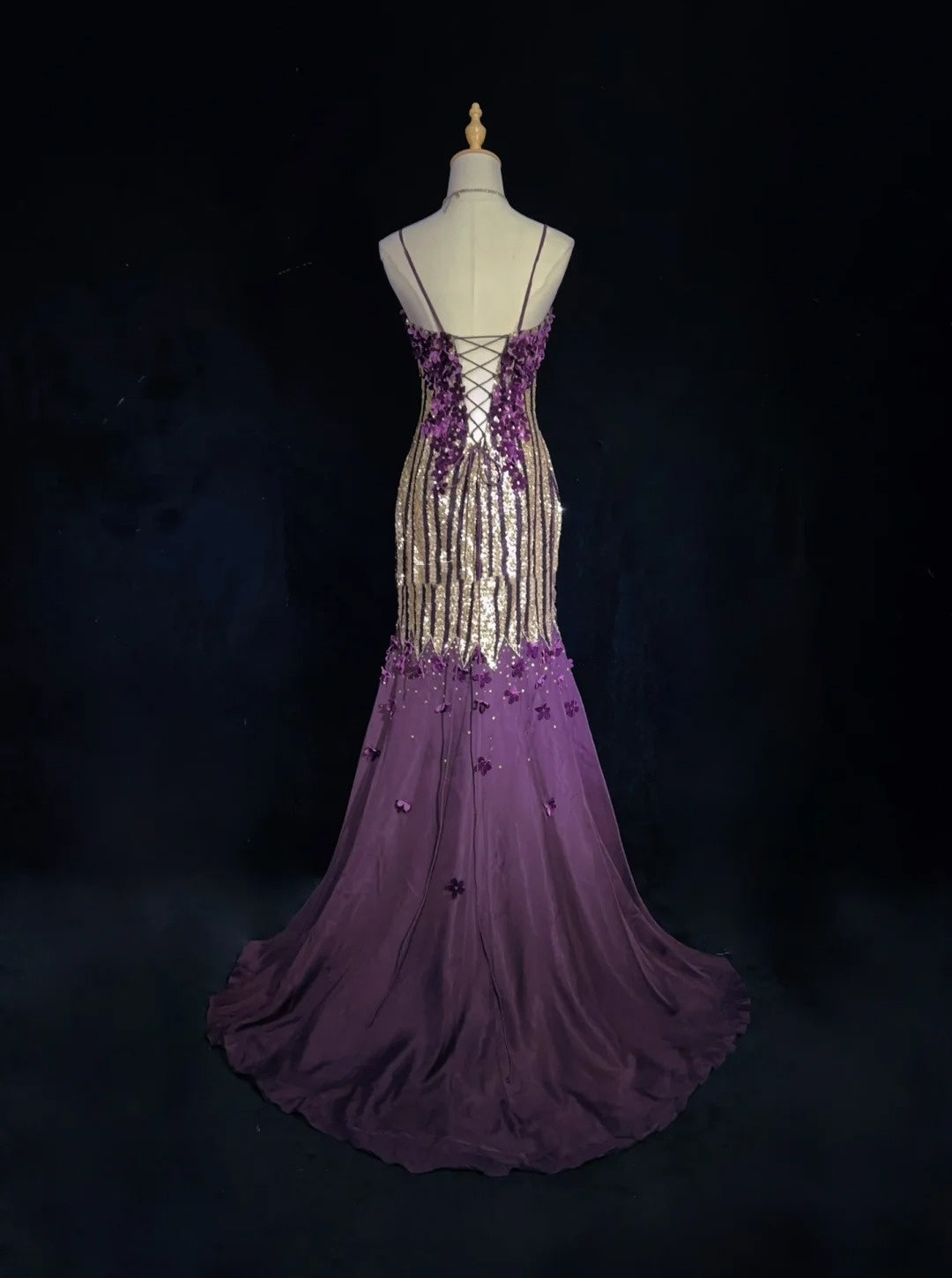 Glitzer-Abschlussballkleider Meerjungfrau Spaghetti-Träger Lila Chiffon Mit Blumen Langes Formelles Abendkleid N3893