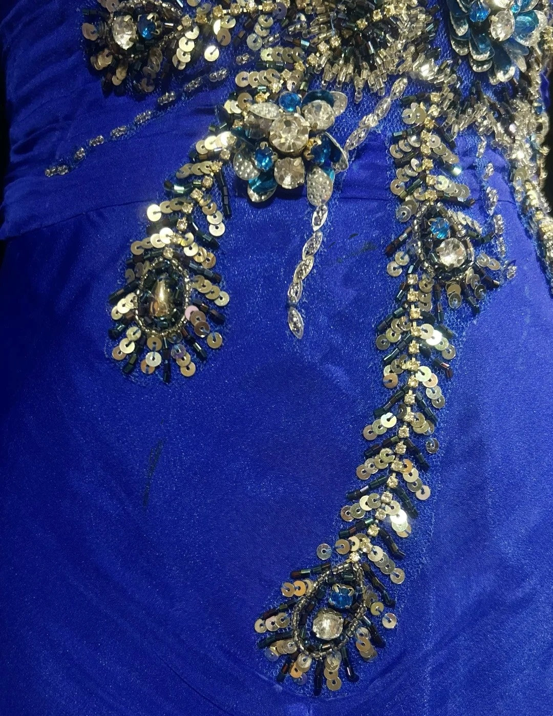 Inspiration Robes de bal vintage Sirène Asymétrique Bleu royal Avec manches longues Perles Robe longue de soirée années 80 N2740