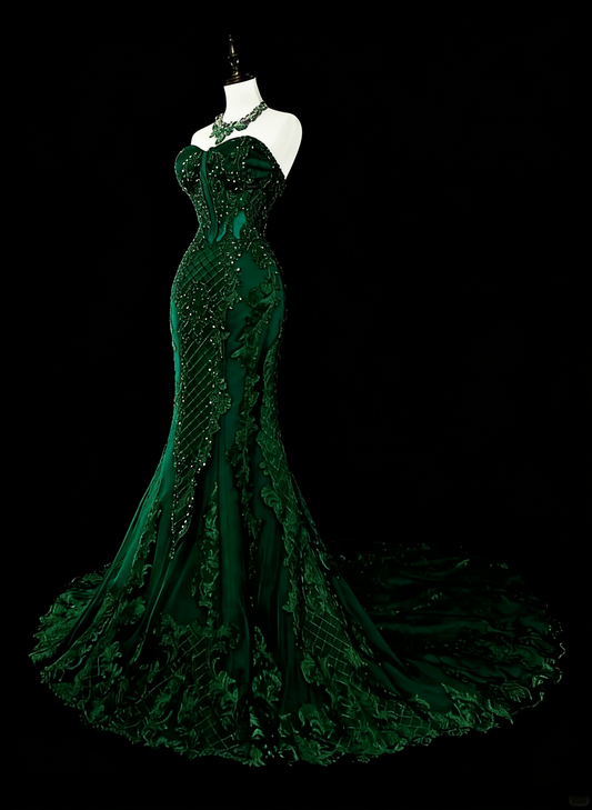 Vintage 1960s Mermaid Sweetheart Dark Green With Crystals Gems Sleeveless Long Prom Formal Dresses N1593