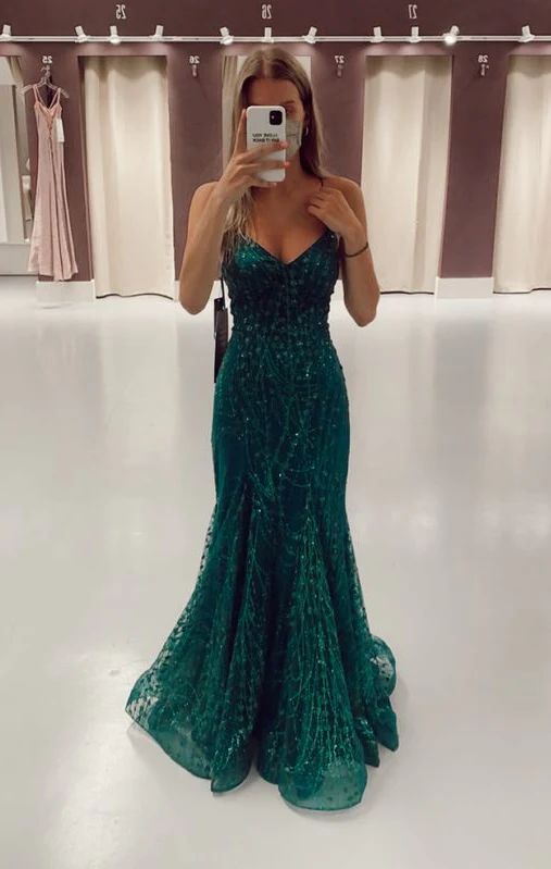 Grünes langes Meerjungfrauen-Abendkleid, formelles Abendkleid AB1587