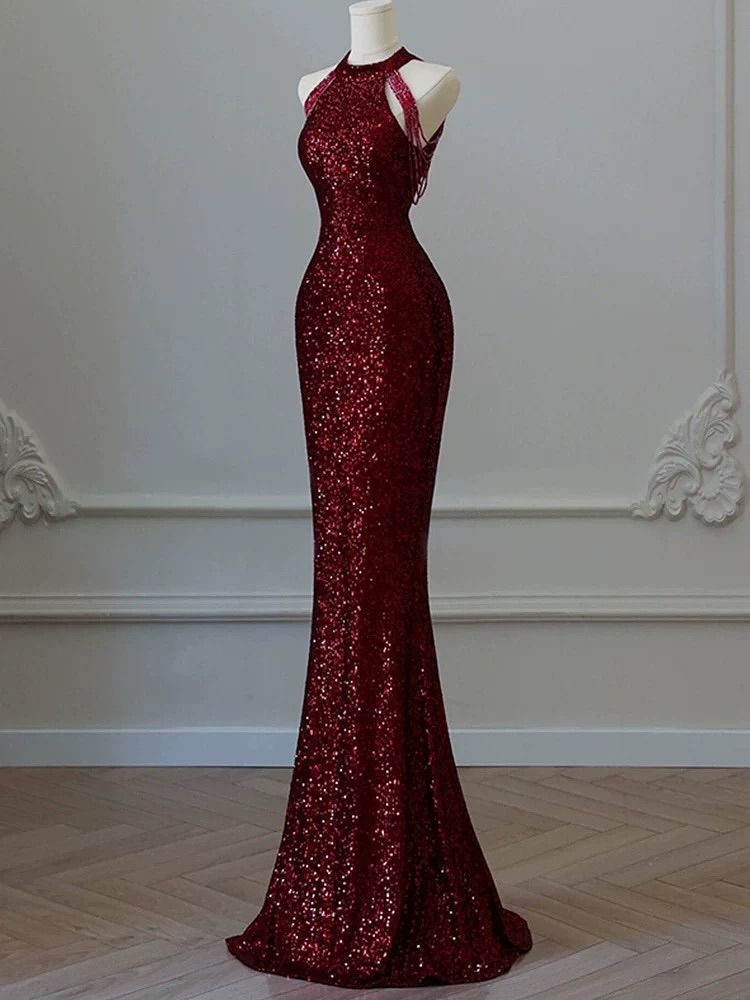 Glitzerndes Meerjungfrauen-Kleid mit bordeauxroten Pailletten für Teenager, Mädchen und Frauen – langes, formelles Abendkleid für Abschlussball, Dinnerparty oder andere festliche Anlässe AB2104