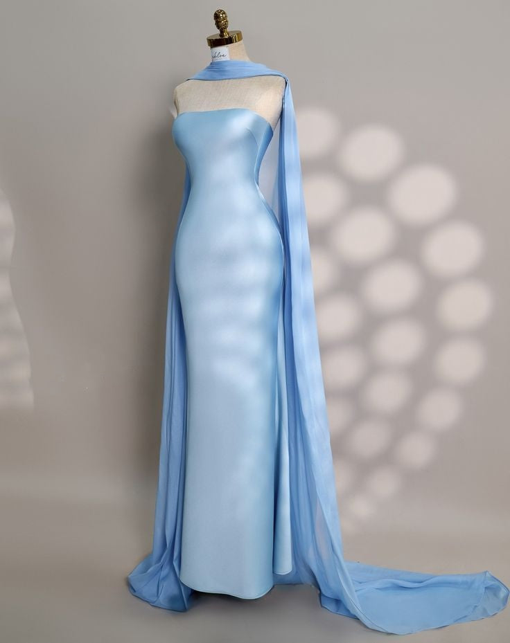 Einfaches, trägerloses Meerjungfrauen-Abendkleid aus blauem Satin mit Schal, figurbetontes Maxikleid für Damen, Party-Outfit AB1234