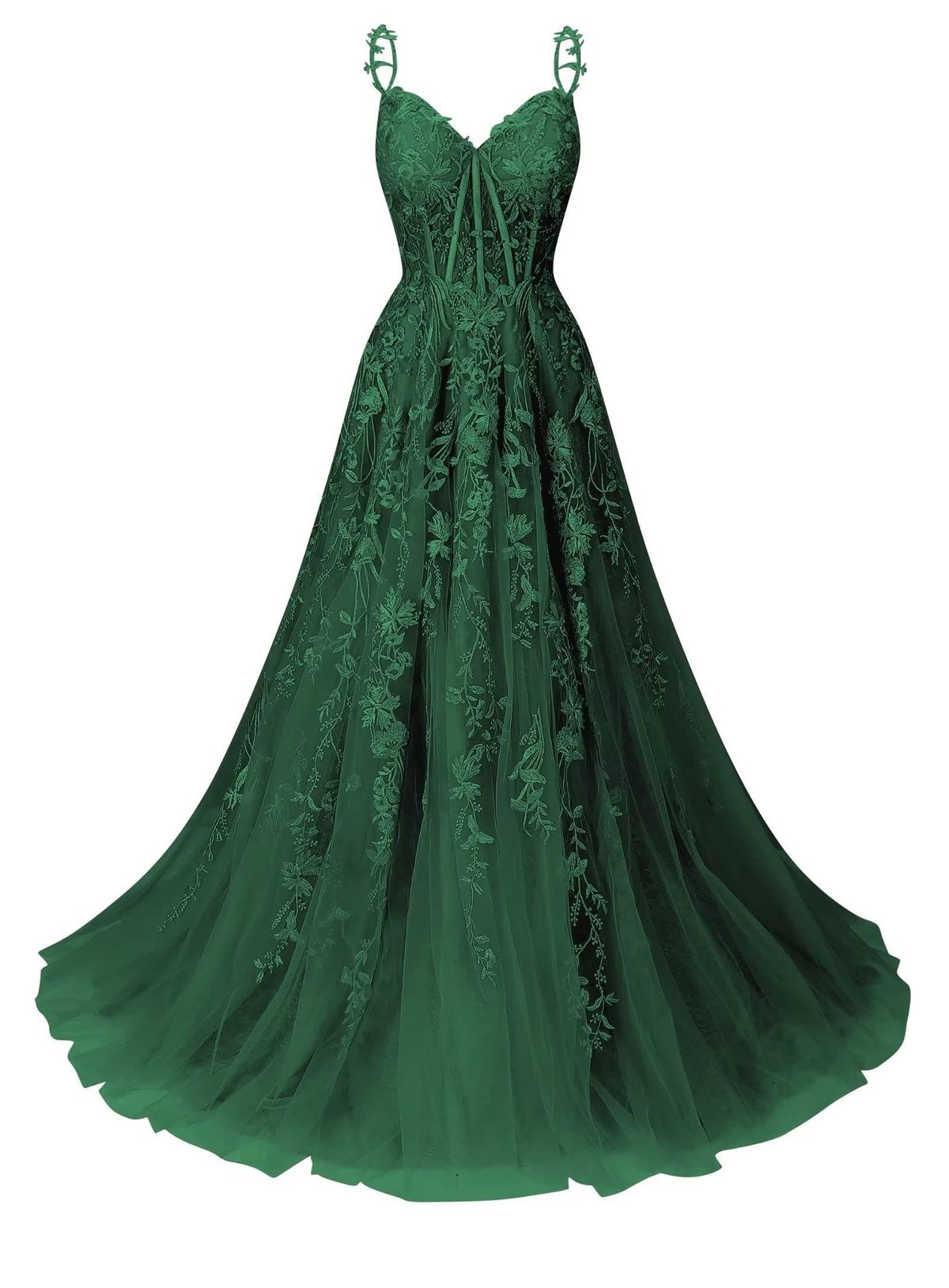 Elegantes A-Linien-Abendkleid aus smaragdgrünem Tüll und Spitze mit Spaghettiträgern – ein stilvolles Kleid für Teenager, perfekt für festliche Anlässe und Partys (AB1080).