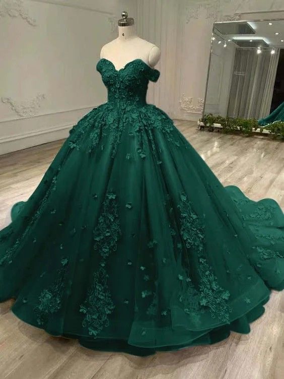 Robe de bal vert émeraude à épaules dénudées, ornée d'appliques, idéale pour une quinceañera, un anniversaire de luxe ou une soirée Sweet 15/16 (AB1082)