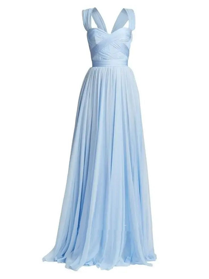 Robe de soirée bleue en mousseline de soie, coupe trapèze, robe de demoiselle d'honneur, robe de bal AB1910