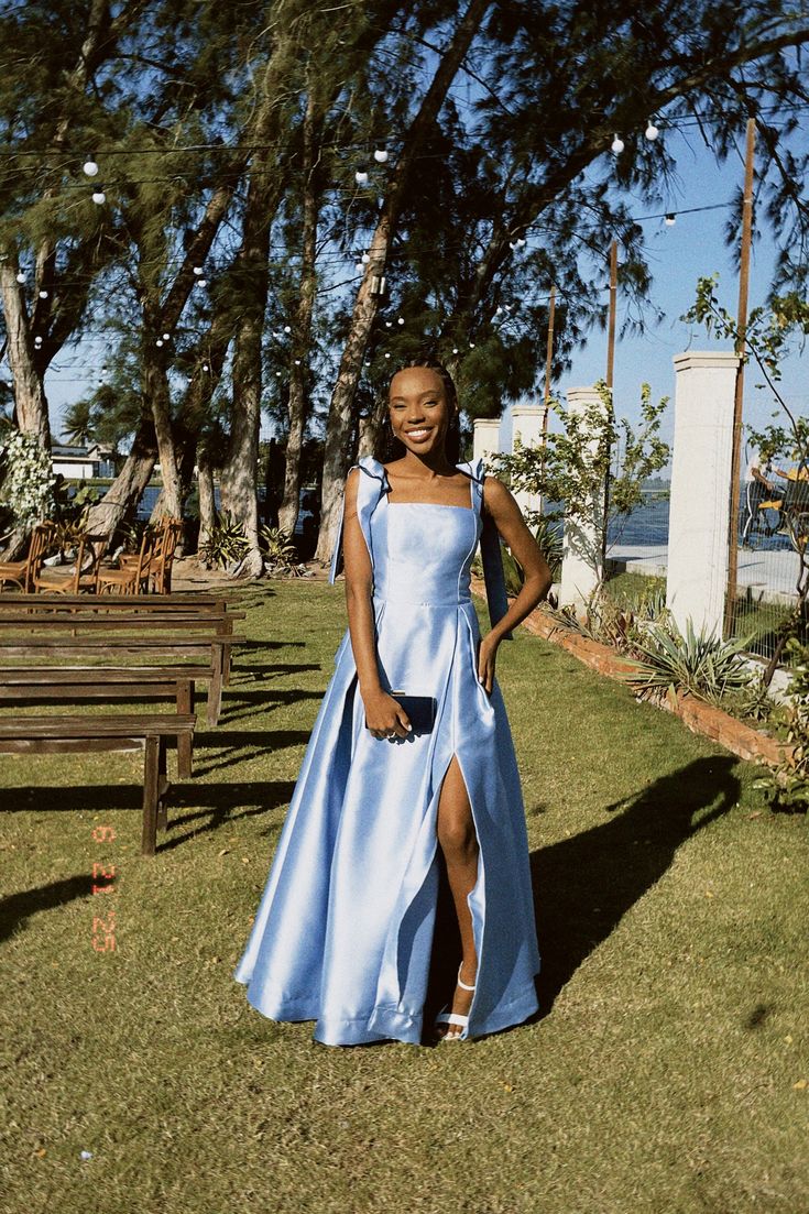Blue Prom Dress A line Square Neck Satin Evening Party Semi Gala Formal Dress RC1530