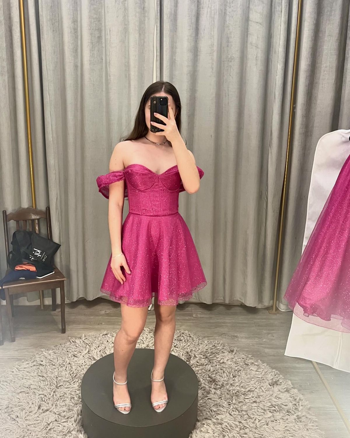Whimsical A line Off The Shoulder Pink Sequin With Sleeves Senior 12th Grad Short Mini Aesthetic Homecoming Dresses RB4406