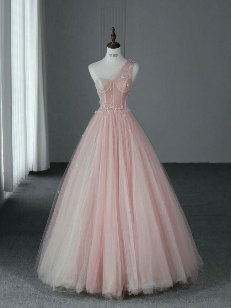 Robe de bal classique asymétrique en tulle rose poudré avec appliques, robe de soirée longue pour bal de fin d'année, tenue de bal de fin d'année N028