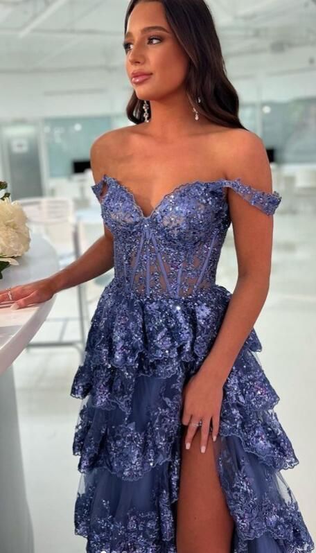 Modest A line Off The Shoulder Navy Blue Lace Slit Prom Dresses With Sleeves Party Dress Evening Dresses AB1083