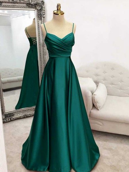 Robe trapèze/princesse en satin soyeux à volants, col en V, sans manches, traîne courte/brosse AB1605