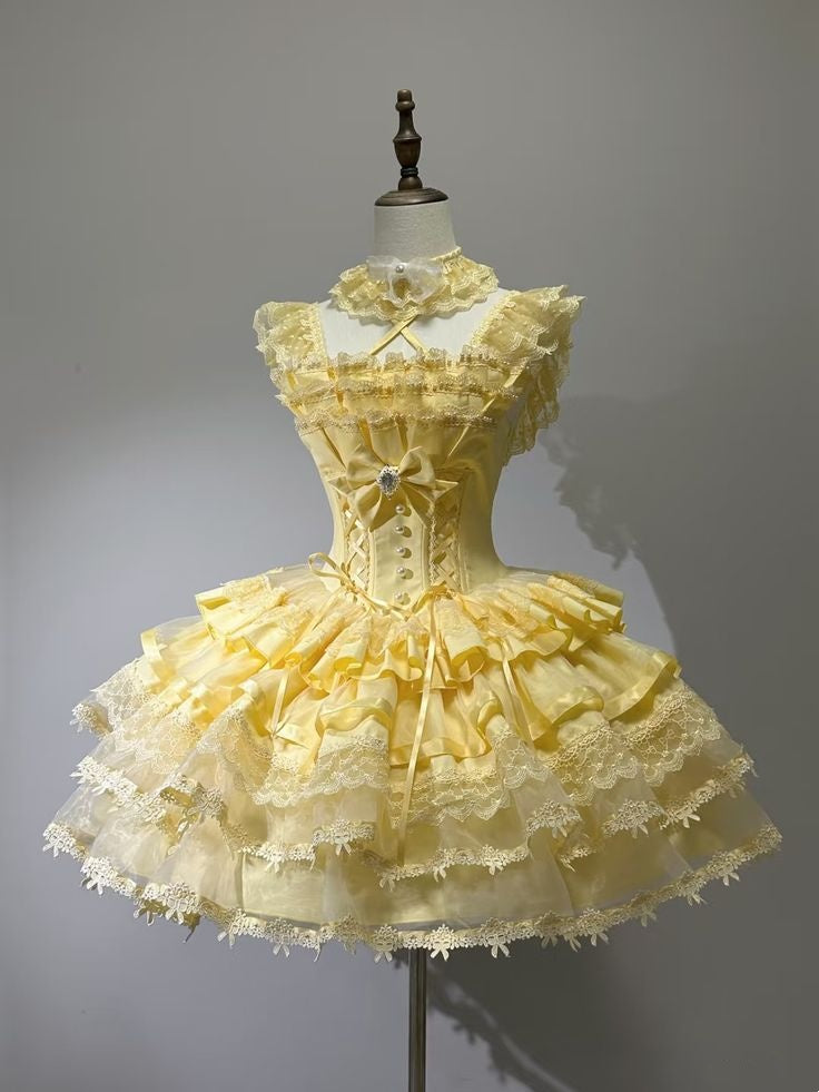 Robe de bal fantaisie en tulle jaune à encolure carrée avec dentelle mini courte robe de 18e anniversaire robes de rentrée scolaire RB4123