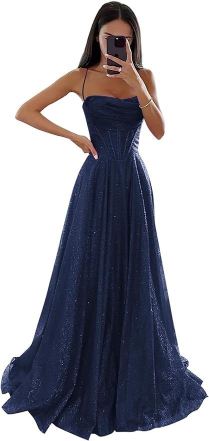 Sexy A-Linien-Abendkleid mit Spaghettiträgern aus marineblauem Tüll AB915