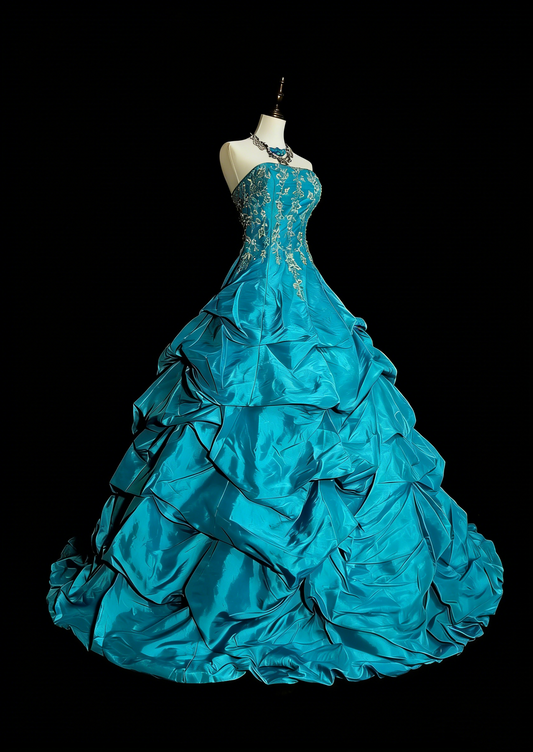 Vintage Ballkleid, trägerlos, blauer Organza mit Rüschen, Sweet 16 Kleider, Quinceañera Kleid, lang, Vestidos De Fiesta N1461