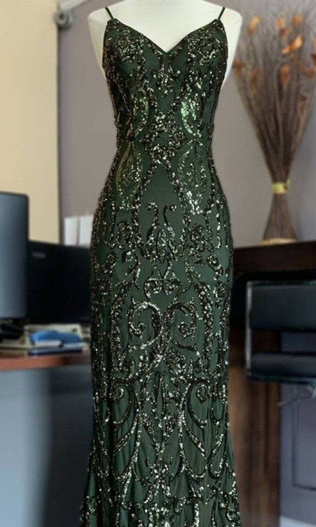Glitzerndes Meerjungfrauen-Kleid mit Spaghettiträgern, dunkelgrün, Pailletten, langes Abendkleid, formelles Partykleid, Cocktailkleid, Maxikleid AB1268