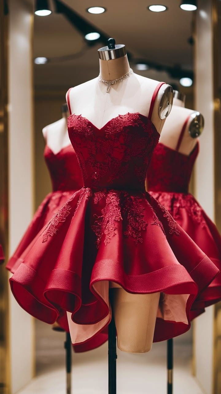 Glamouröses Ballkleid Spaghettiträger Rot Halbförmlich Mit Spitze 12. Klasse Kurze Inspiration Homecoming Kleider RB4448