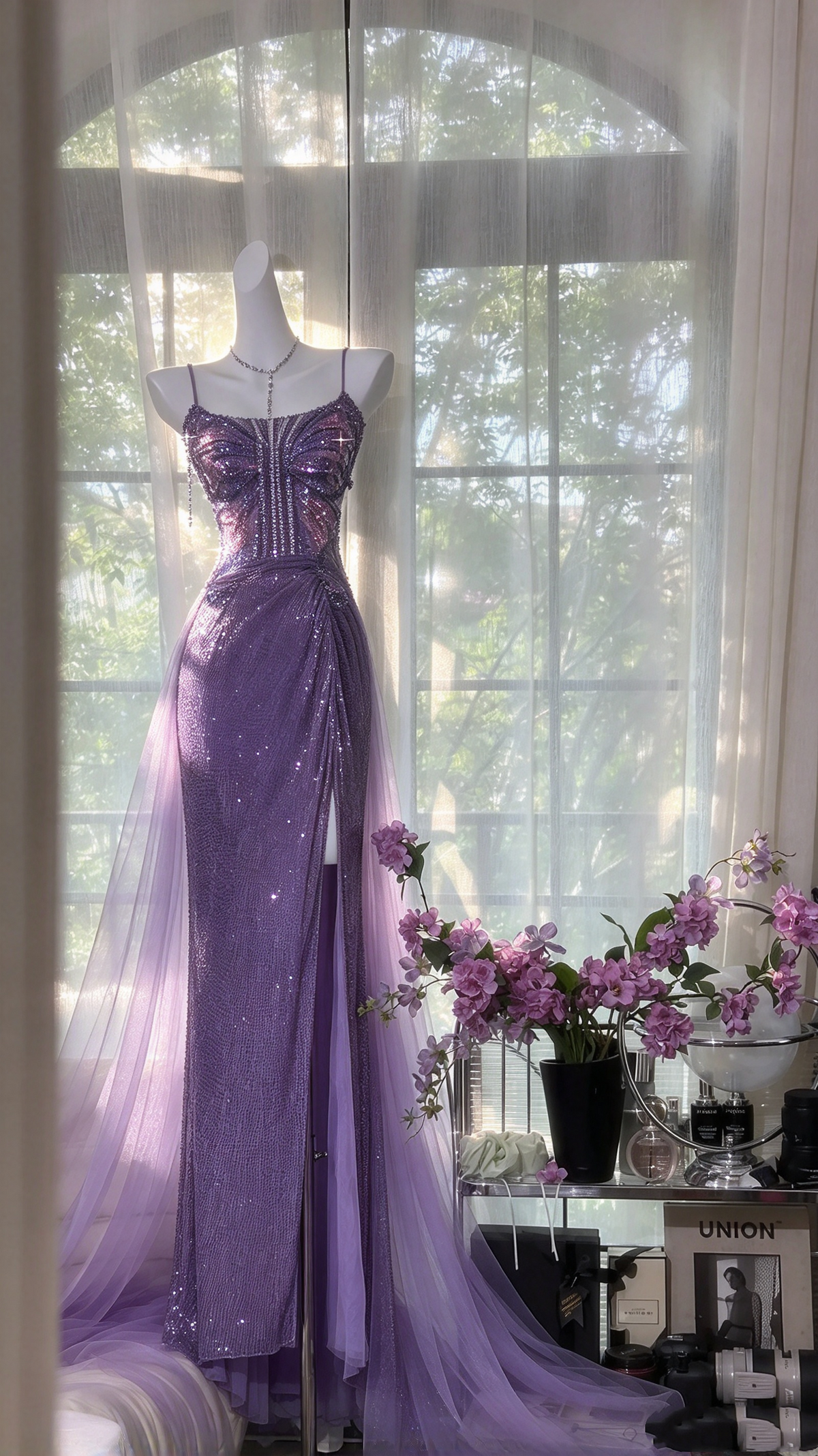 Shiny Mermaid Spaghetti Straps Lilac Sequin Tulle Sleeveless Slit Long Prom Dresses Inspo Party Gown RC1244