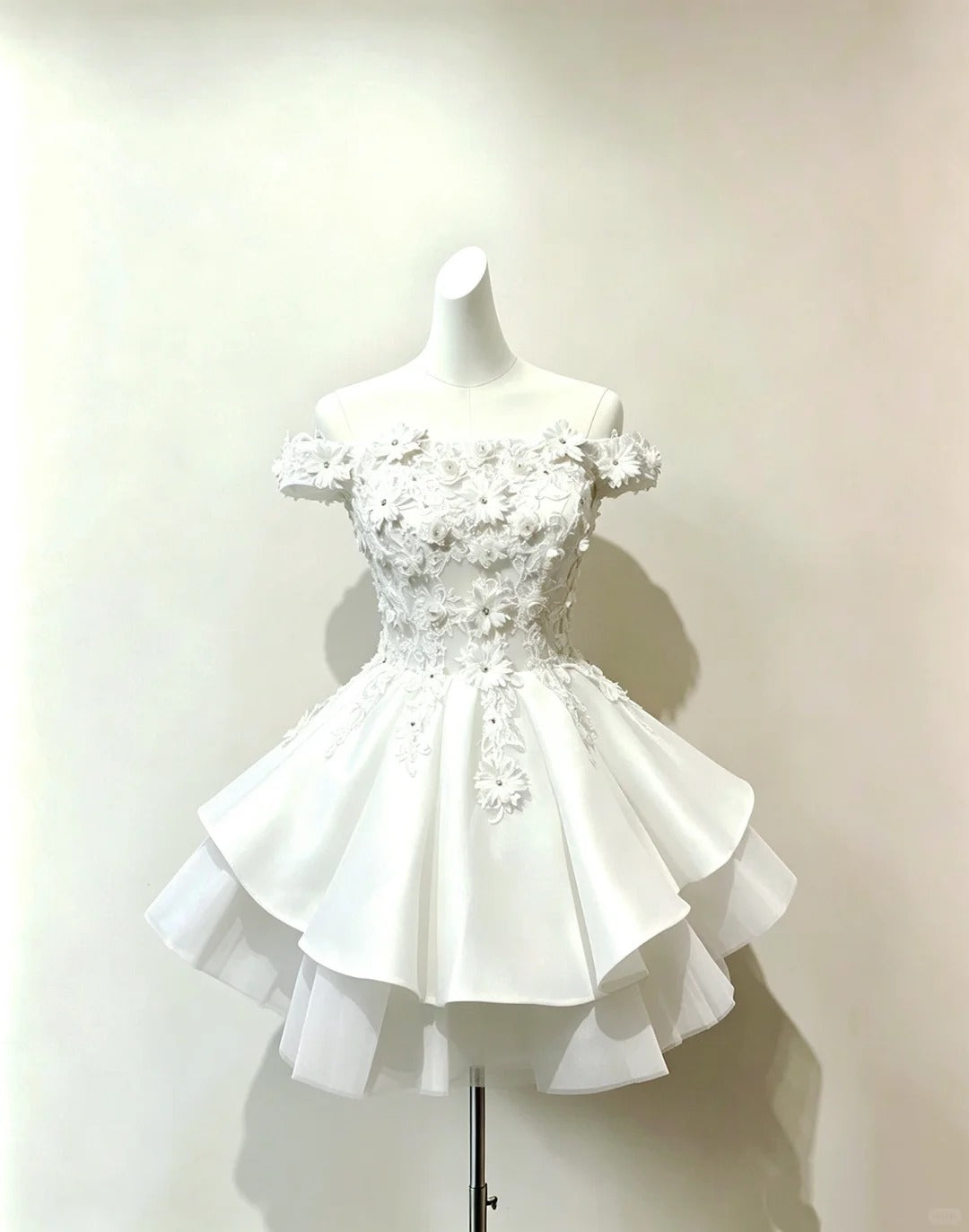Cute Ball Gown Off The Shoulder White Satin Night Short Graduation Dresses Inspo Senior Homecoming Outfit RB4904