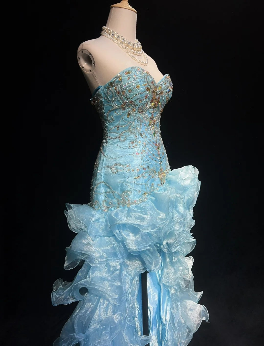 Vintage Prom Dresses High Low Sweetheart Blue Sleeveless 80s Long Formal Gown N2862